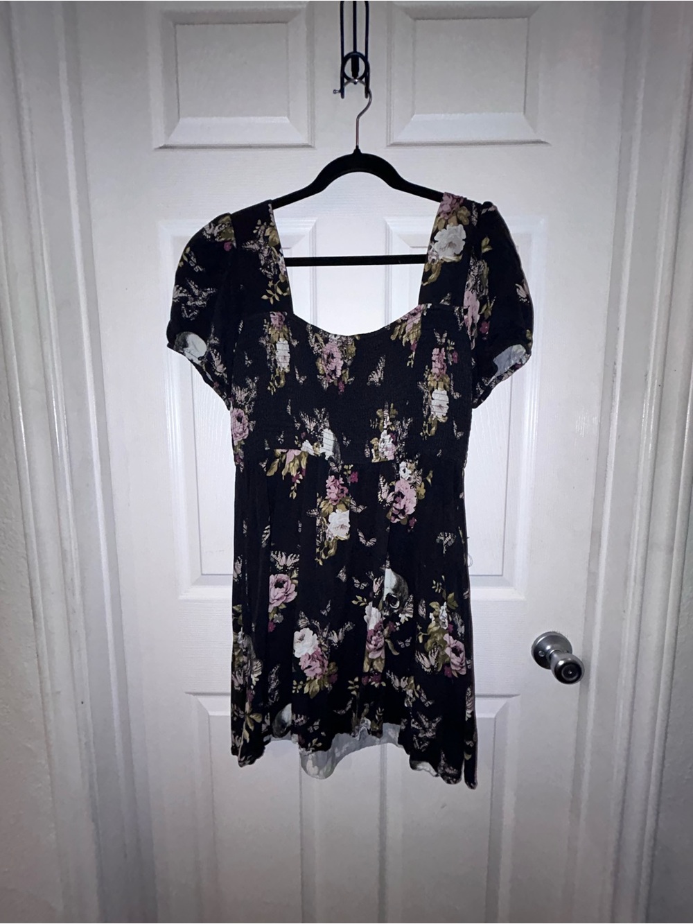 Disturbia Black Floral & Skull Puff-Sleeve Square-Neck Dress - Picture 2 of 9
